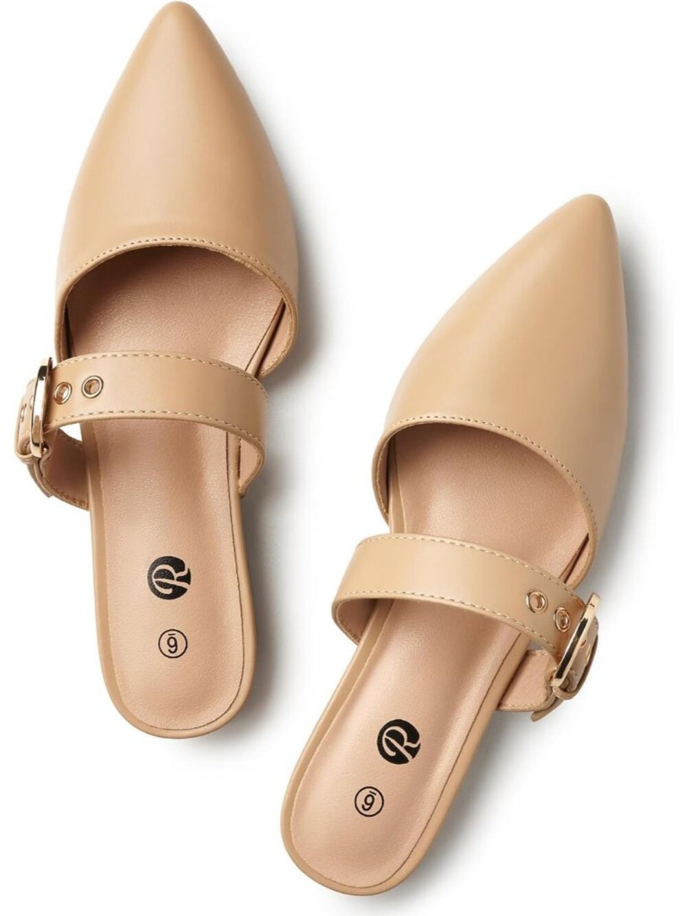 Women's Nude-Pu Pointed Toe Backless Loafer Shoes with Adjustable Strap
